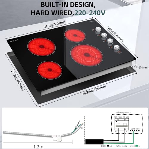 Karinear Electric Cooktop 30 Inch, 4 Burners Electric Stove Top, 30" Knob Control Built-in Electric Radiant Ceramic Cooktop, 6700W, 220~240V Hard Wire