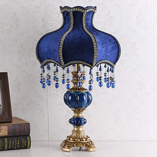 Victorian Style Table Lamp Blue Fabric Lampshade Hand-Made Antique Varnished Resin Lampbody Small Lamp for Living Room Bedroom,13 in W, 21.6 in H (Q2)