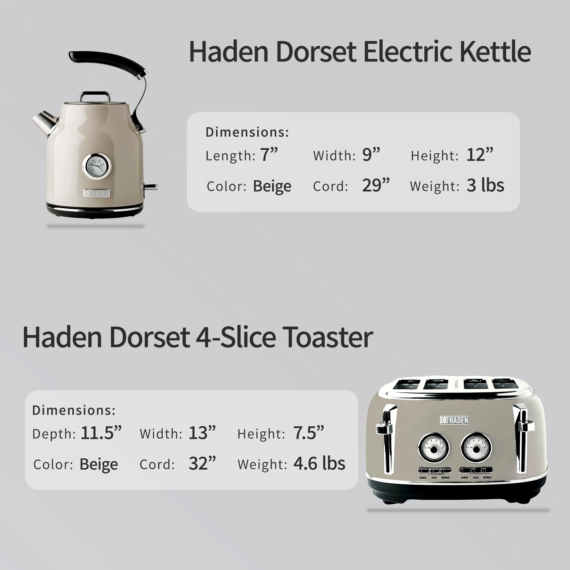 Haden Dorset 1.7 Litrt Stainless Steel Electric Kettle w/ 4 Slice Toaster