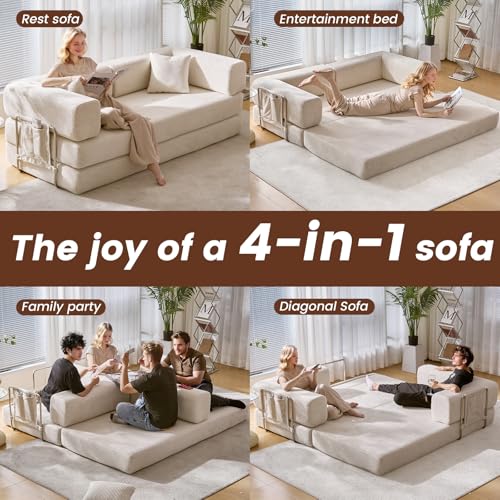 Convertible Sleeper Sofa Bed No Assembly Corduroy Upholstered Green Modular Floor Couch Queen/King Size Foldable Futon with Memory Foam for Apartment