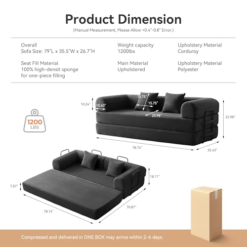 Convertible Sleeper Sofa Bed with Cylindrical Pillow, Comfy Foldable Sofa Bed Compressed Sofa in Box