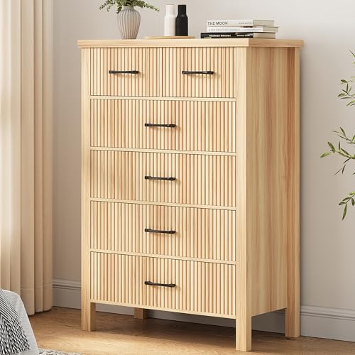Fluted 6 Drawers Dresser for Bedroom, Tall Boho Chest of Drawers with Metal Handle, Wooden Closet Clothes Storage Organizer for Living Room