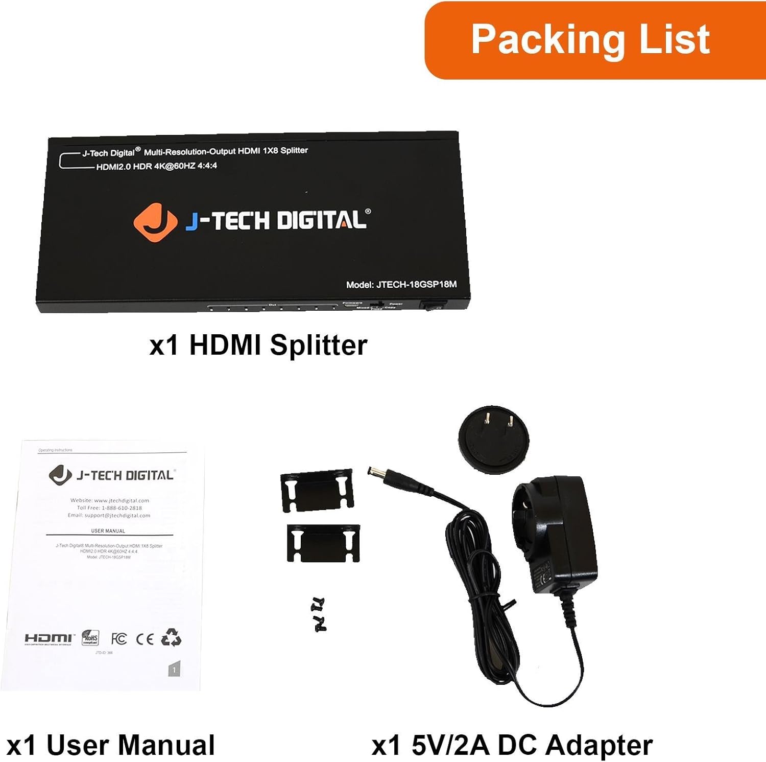 J-Tech Digital Scaler/Multi-Resolution Output (MRO) 18GBps 1x8 HDMI 2.0 Splitter HDR10/Dolby Vision 4K@60Hz 4:4:4 [JTECH-18GSP18M]