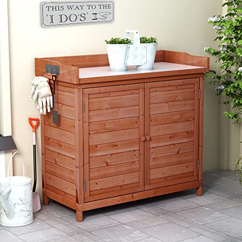 Merax 66" Large Outdoor Farmhouse Wooden Potting Bench Table, Garden Workstation with 2 Drawers, Cabinet, and Open Shelves for Backyard, Mudroom