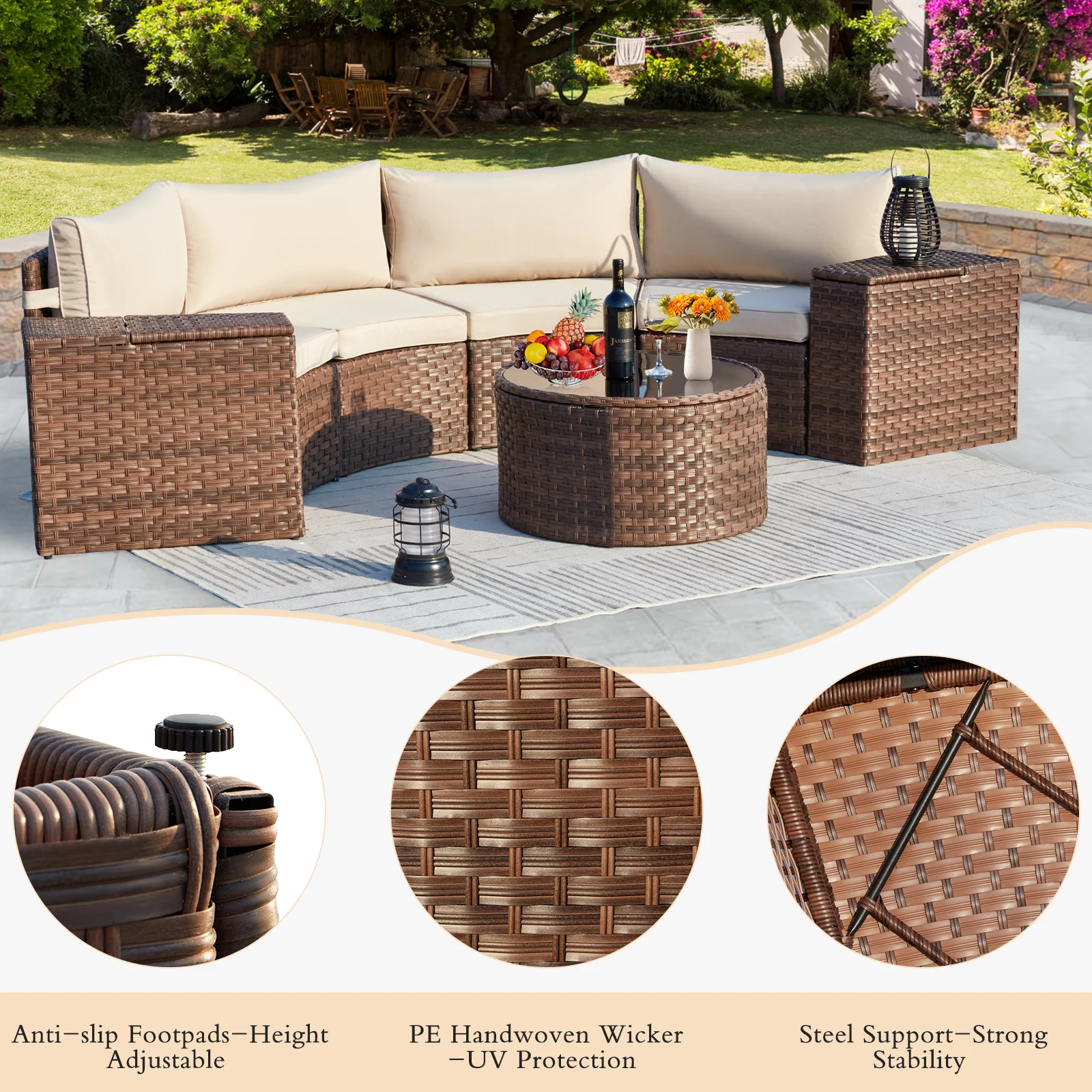 AVAWING 7-Piece Half Moon Patio Set, Wicker Sectional Sofa, Glass Table, Waterproof Covers (Beige)