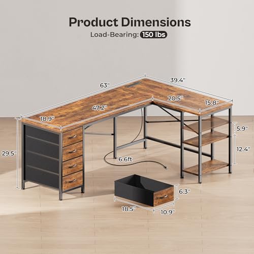 Huuger 63 Inch L Shaped Desk with Fabric Drawers, Reversible Computer Gaming Desk with Power Outlets and USB-C Port, Adjustable Side Storage Shelves