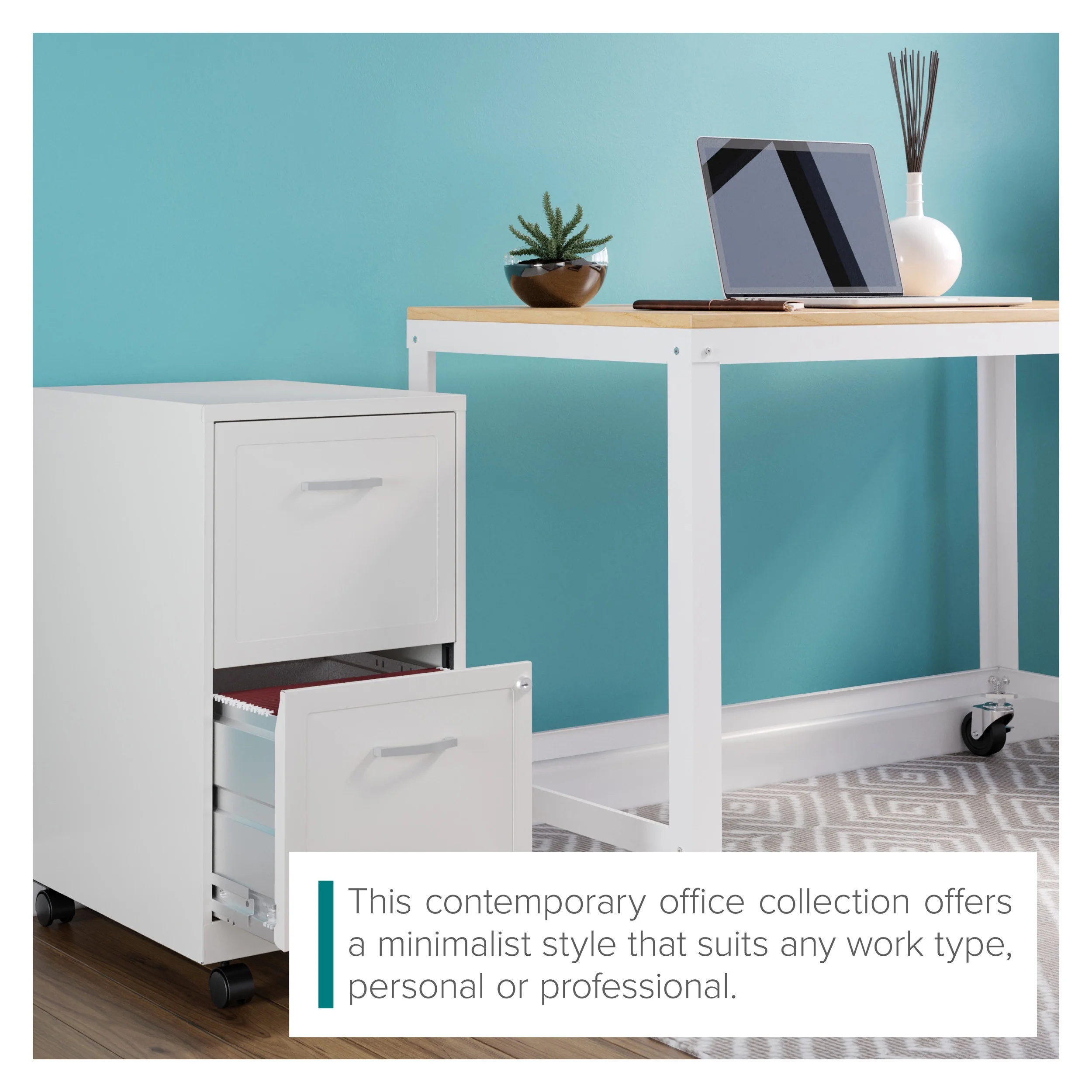 Space Solutions Ready-to-assemble 48-inch Wide Mobile Metal Desk with Laminate Top, White/Maple - Radiant Selections