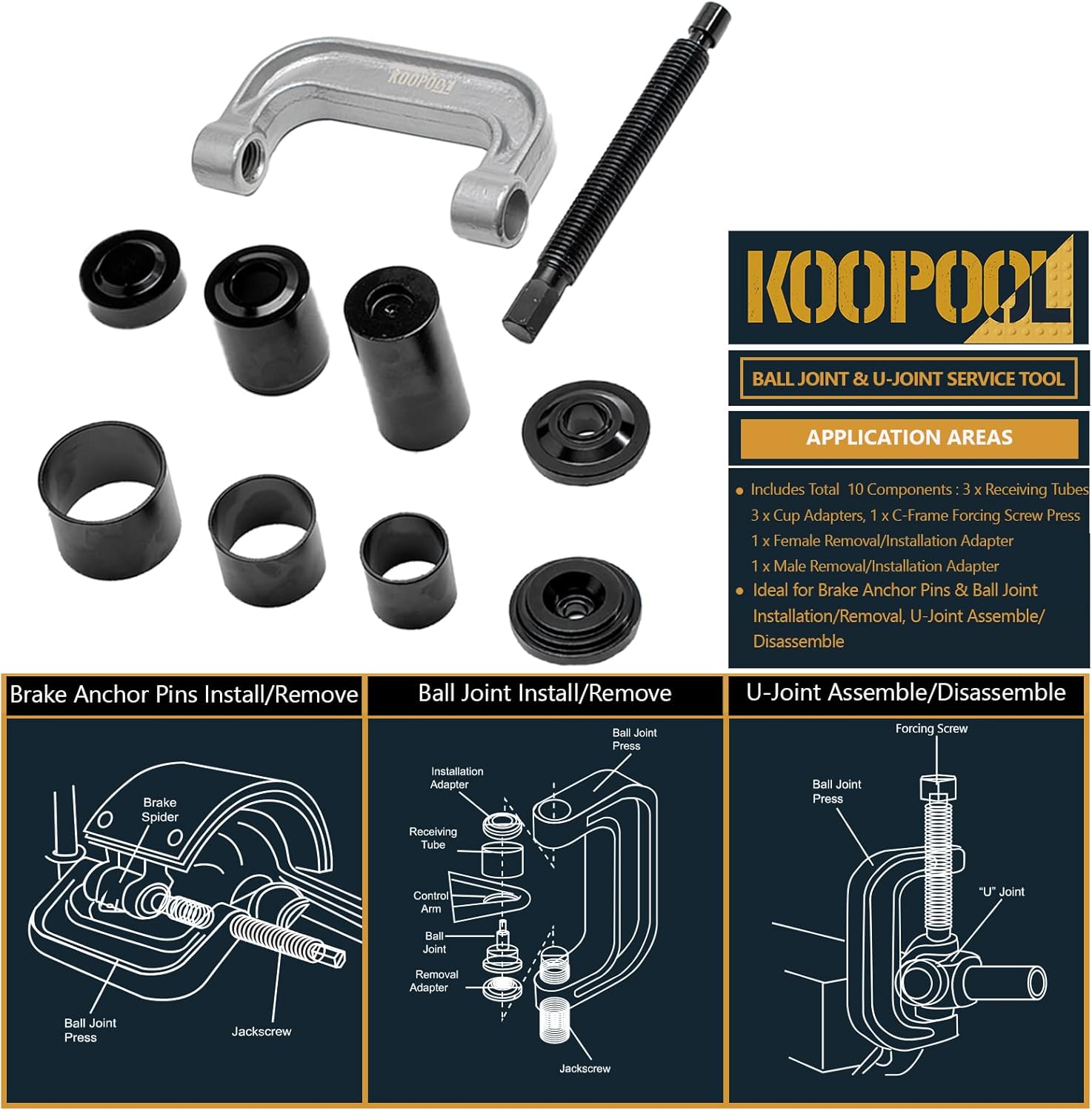 KOOPOOL Ball Joint Press & U Joint Removal Tool Kit 10 PCS for Ball Joint, U-Joint, Brake Anchor Pins Removal and Installation with Carrying Case