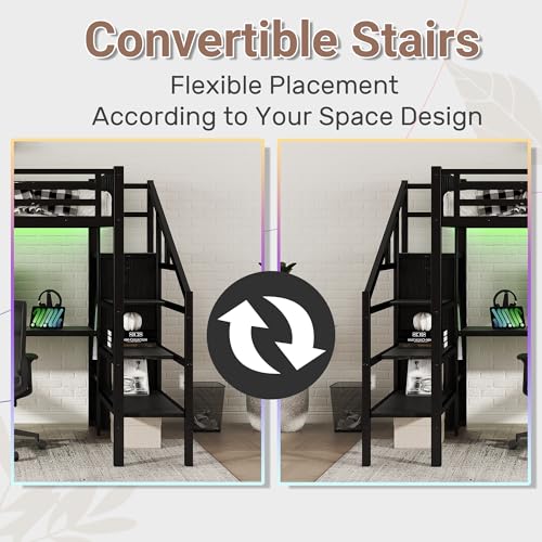Loft Bed with Desk Queen Size, Gaming Loft Bed with LED Light for Adults, Heavy-duty Loft Beds Frame with Stairs & Wardrobe & Storage Shelves
