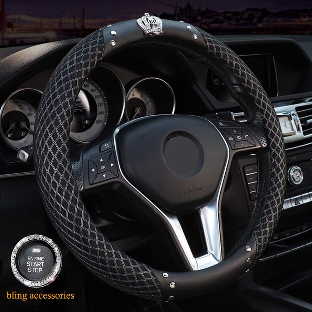 ALVAZA New Crystal Car Steering Wheel Cover Bling Bling Rhinestones Leather Crown Decro Not Slip Breathable Steering Covers Size 15 Inch + Bling Ring