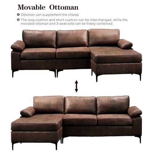 ovios 97.6" L Shaped Sofa Couch with Convertible Chaise, Reversible Sectional Sofas, Modern Mid-Century Suede Leather 3-Seat Couches for Living Room