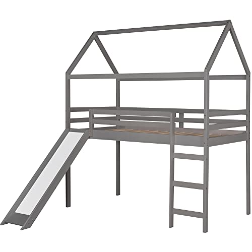 Merax Twin Over Twin House Bunk Bed Frames with Slide and Storage Staircase, No Box Spring Needed, White