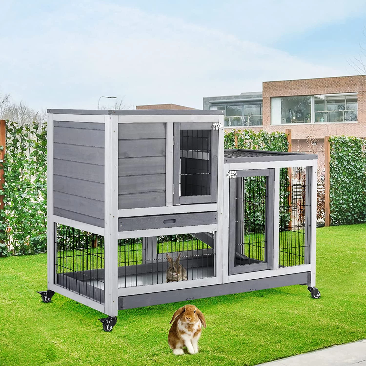 ZPL 43 Inch Rabbit Hutch, Wood Indoor Rabbit Cage Pet Cage with Wheel, Outdoor Large Rolling Bunny Hutch