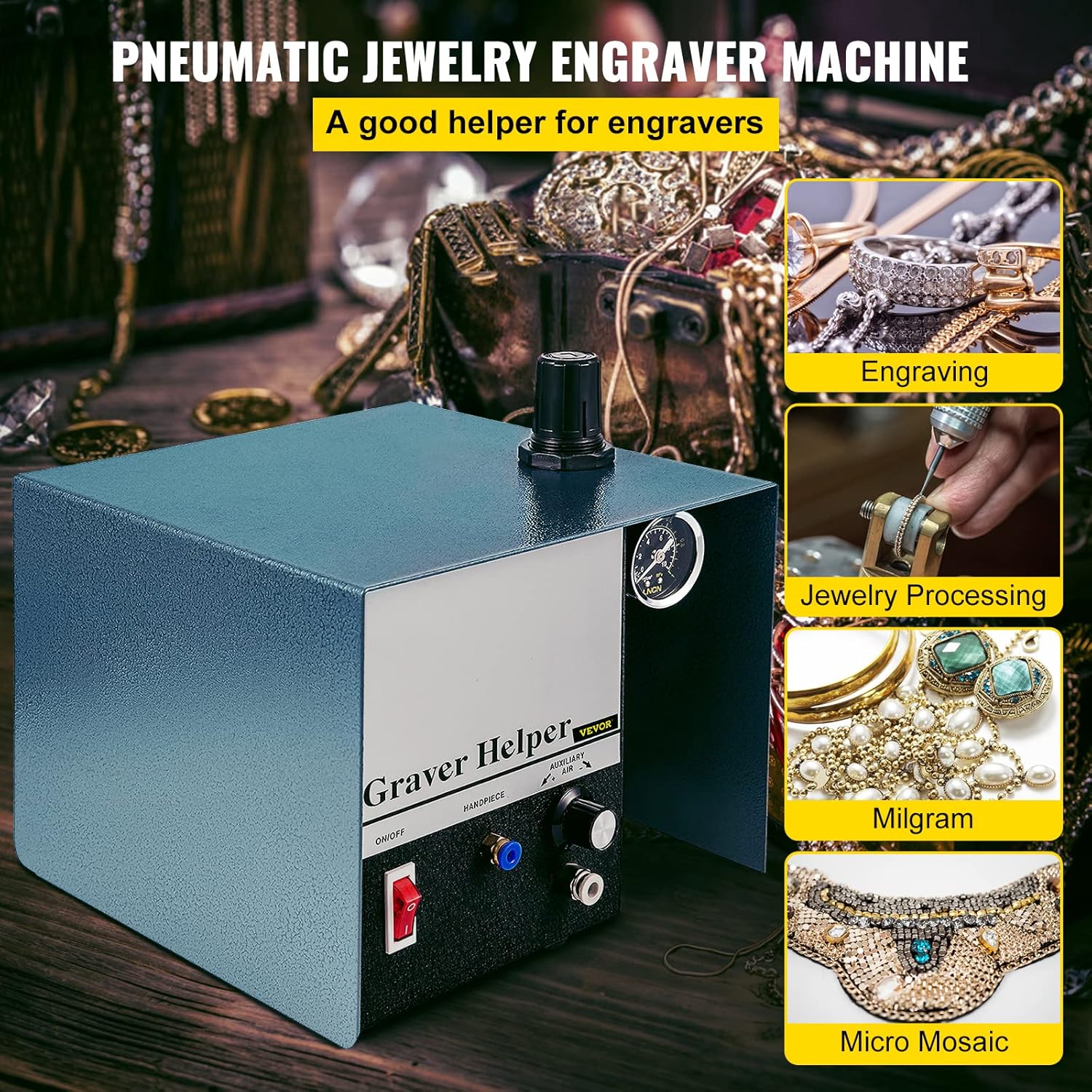 VEVOR Jewelry Pneumatic Engraving Machine 1400 RPM Adjustable Speed Pneumatic Hand Engraving Machines 60Hz 80W Pneumatic Graver Handpiece with