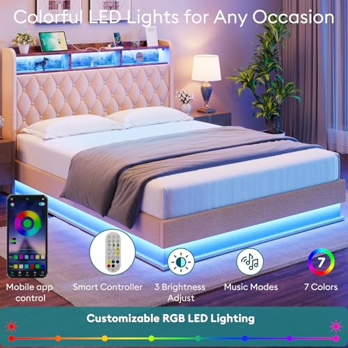 Queen Bed Frame with Storage - Lift Up Queen Size Bed Frame with Headboard, Upholstered Platform Bed with LED Lights & Charging Station