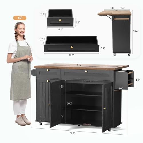 60" Kitchen Island with Power Outlet & Drop Leaf, Kitchen Rolling Island with Spice Rack & Towel Rack, Knife Holder