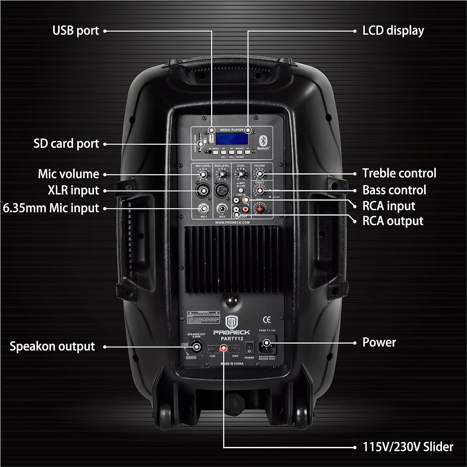 PRORECK Party 12 12-Inch 1000 Watts 2-Way Powered PA Speaker System Combo Set with Bluetooth/USB Drive Read Function/SD Card Reader/FM Radio/Remote