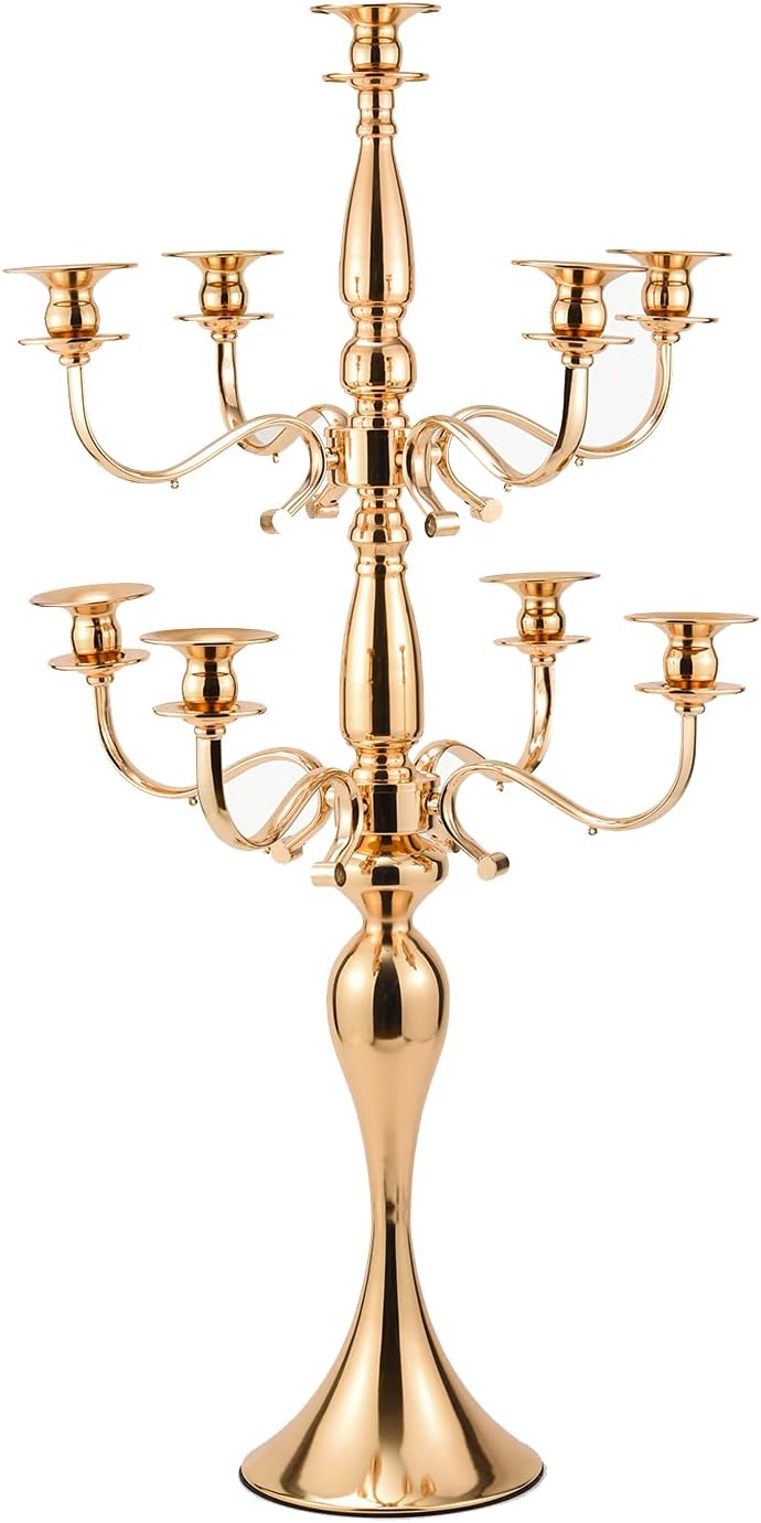 Vincidern Tall 5 Candle Candelabra Gold Taper Candle Holder for Wedding Party Dinner Formal Events Table Centerpiece (28 Inches Tall)