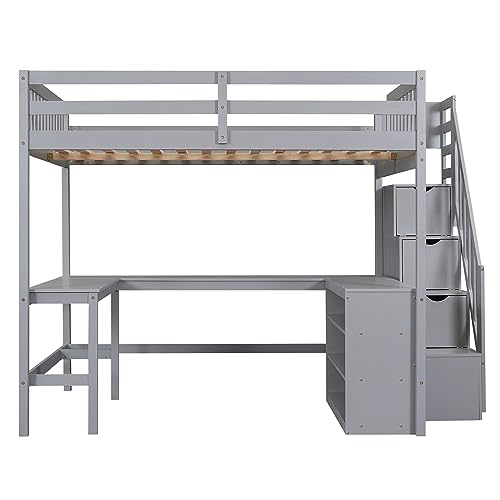 Full Size Loft Bed with Desk & Wardrobe, Solid Wood Kids Loft Bedframe w/3 Storage Drawers & 2 Shelves, Maximum Space Design, for Bedroom, Dorm, Gray