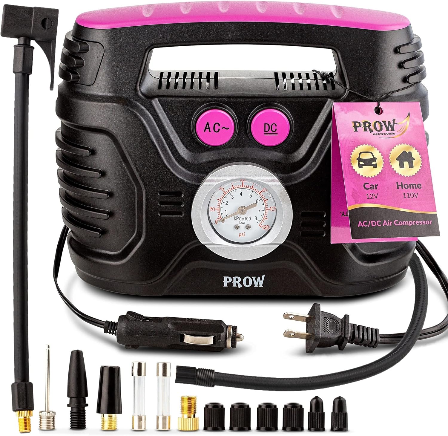 PROW Electric air Compressor Portable tire inflator 12V, 110V, car and Bike Pump Presta and Schrader Valve Upscale, Analog Pressure Gauge