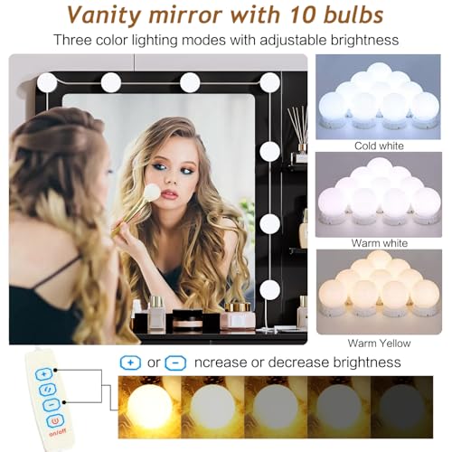 Vanity Desk with Mirror and Lights, with Power Outlet and 10 Lights Modern Capacity Makeup Vanity with 3 Drawers, Makeup Table for Bedroom