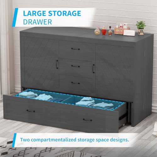 Mjkone Murphy Bed Cabinet,Built-in 3-Port Charging Station, 2 Storage Drawers, Foam Mattress, Queen Size Solid Wood Bed Cabinet