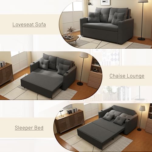 3 in 1 Pull Out Couch, 56 Inch Convertible Sleeper Sofa Bed, Loveseat Sofa with Cup Holders, USB, Sofa Couches for Living Room, Bedroom, Apartment