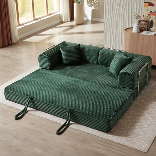 81" Foldable Convertible Sleeper Sofa Bed with Fixed-Shape Frame , Fluffy Corduroy Upholstered Folding Mattress Couch with Cylindrical Pillow
