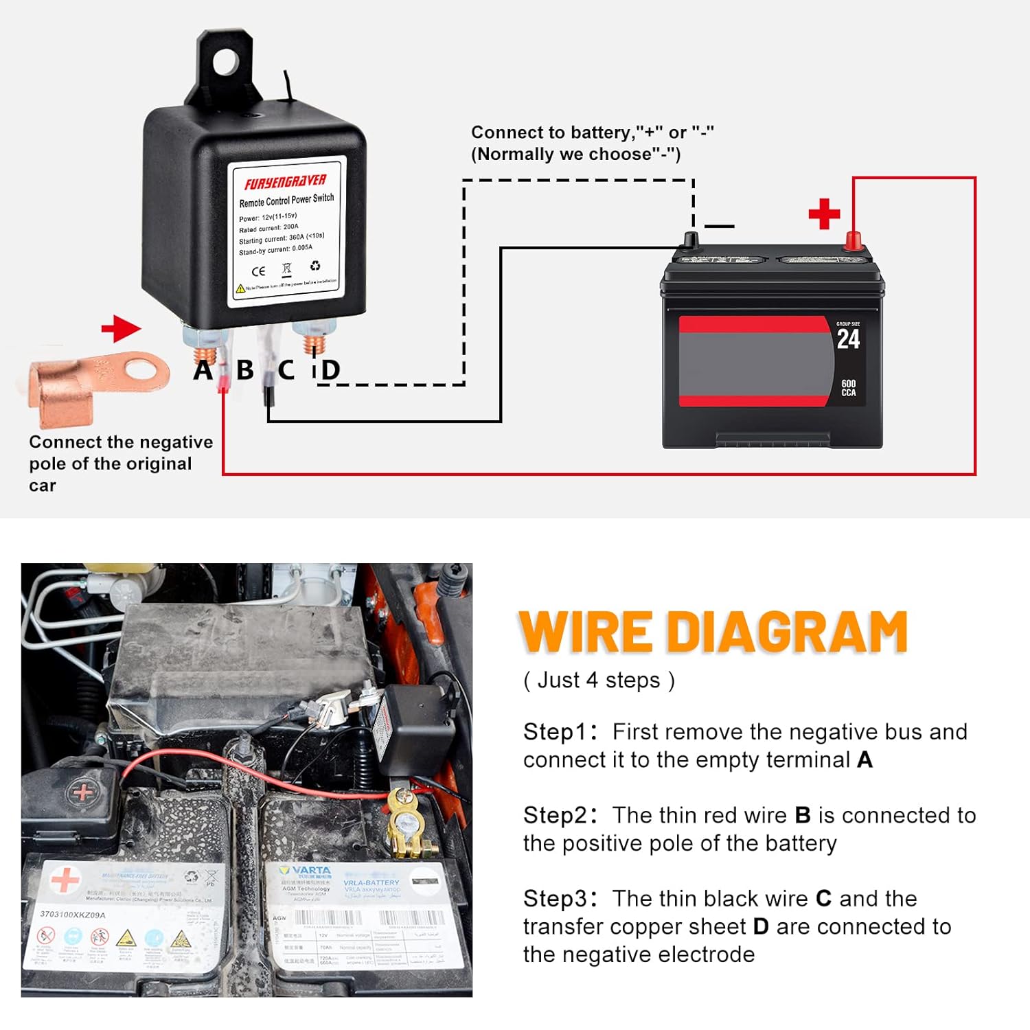 Remote Control Battery Disconnect Switch Kill Switch for Car with 2 Keys Anti-Theft DC12V 200A Electromagnetic Solenoid Valve Terminal