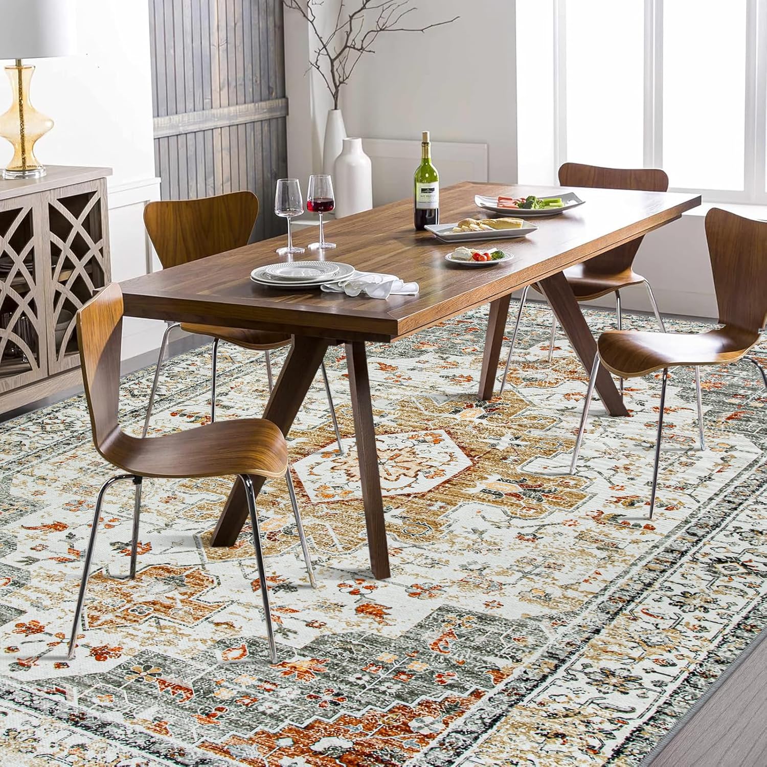 Moynesa Ultra-Thin Vintage Area Rug 6x9, Large Living Room Rugs for Bedroom Aesthetic, Washable Carpet for Under Dining Room Table