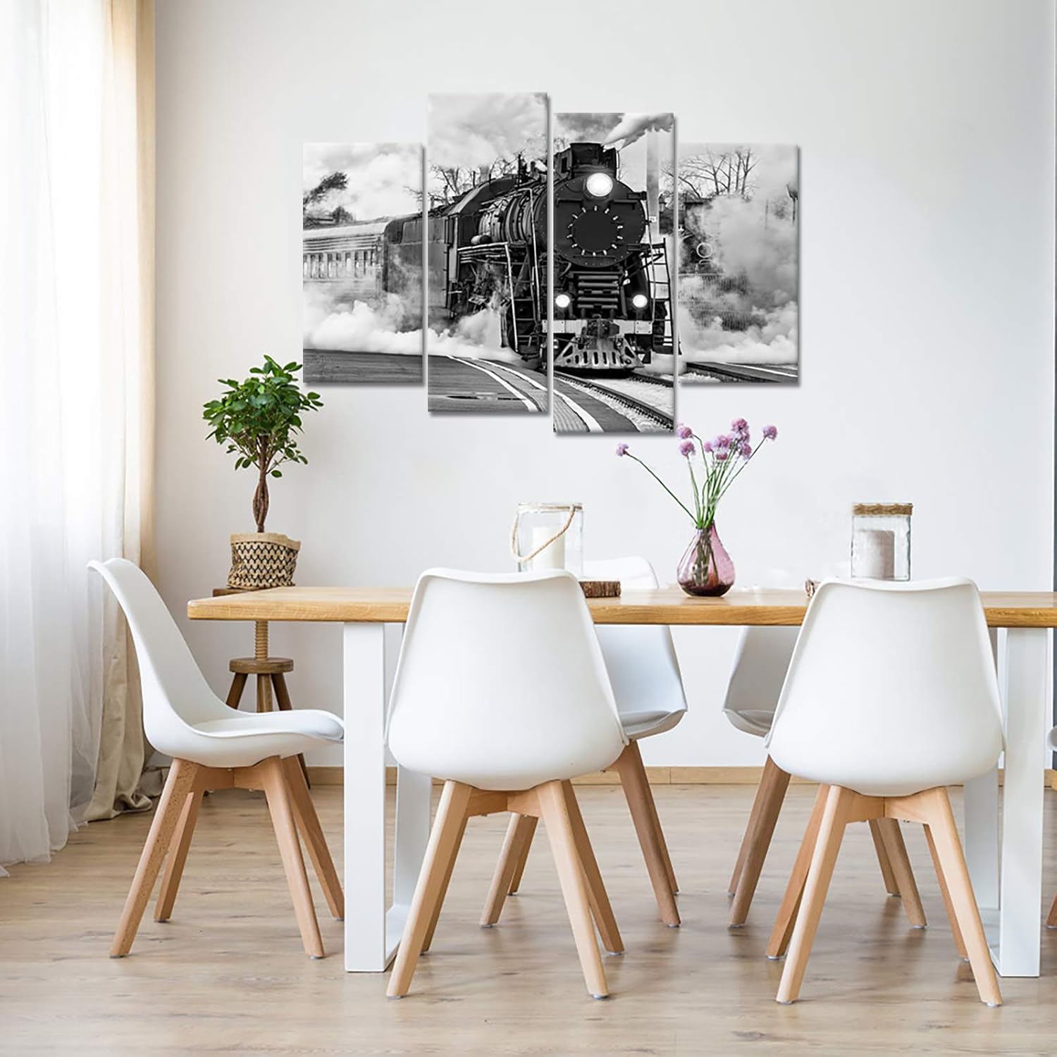 KLVOS 4 Pieces Canvas Prints Wall Art Black and White Train with Gray Smoke Steam Trains in Progress Pictures Print On Canvas Vintage Steam