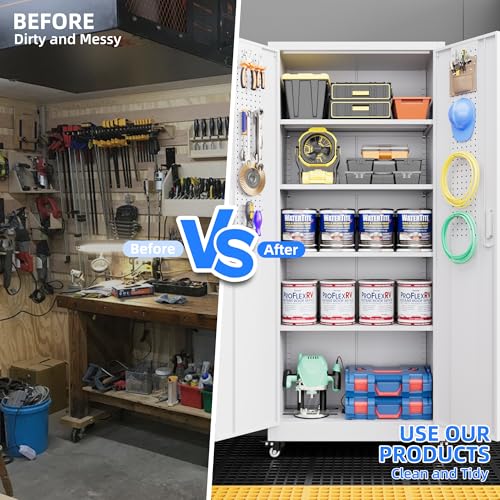 Garage Storage Cabinet with Wheels & Pegboard, 72" H Locking Metal Storage Cabinet with Doors and 4 Adjustable Shelves for Garage Workshop Home