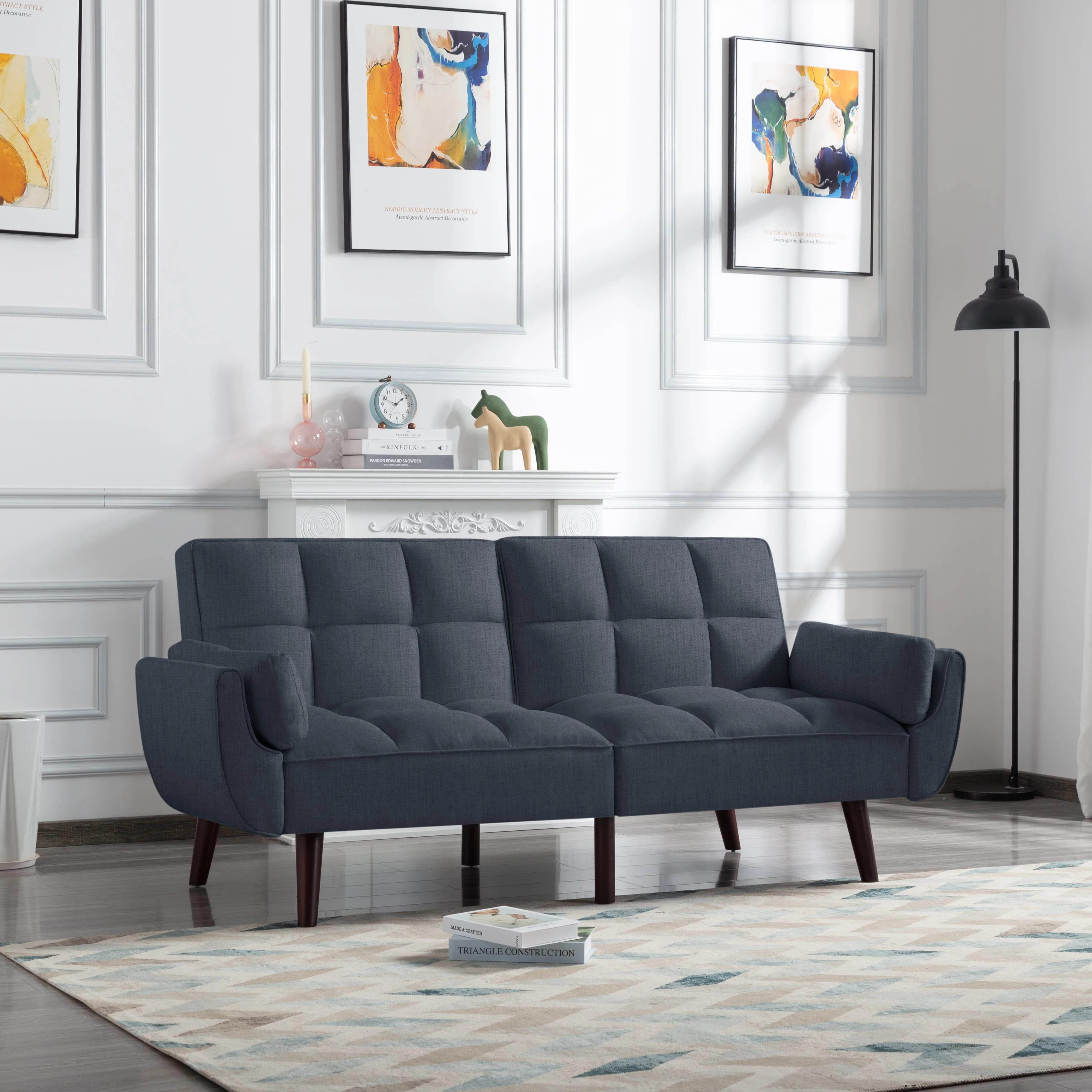 BSHTI 76” Futon Sofa Bed,Upholstered with Polyester,Wood Frame,2 Arm Pillows Included,3 Adjustable Positions ,5 Colors for Choosing