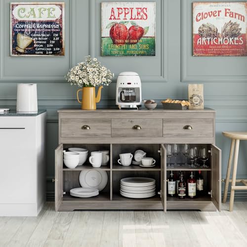 Keyluv White Buffet Cabinet Storage Sideboard Farmhouse Server Bar Wine Cabinet with 3 Drawers & 3 Doors Adjustable Shelves Console Table for Dining