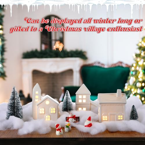 Soaoo 29 Pcs Ceramic Christmas Village Set 8 Led Village Houses 12 Christmas Trees 4 Snowmen 4 Benches and Fake Snow