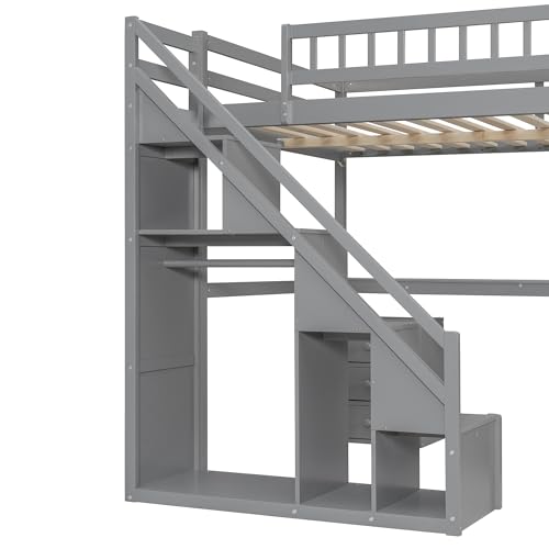 Modern Full Size Gaming Loft Bed with Built-in Desk and Storage Wardrobe, Wood Loft Bed Frame with Light Strip and 2 Drawers
