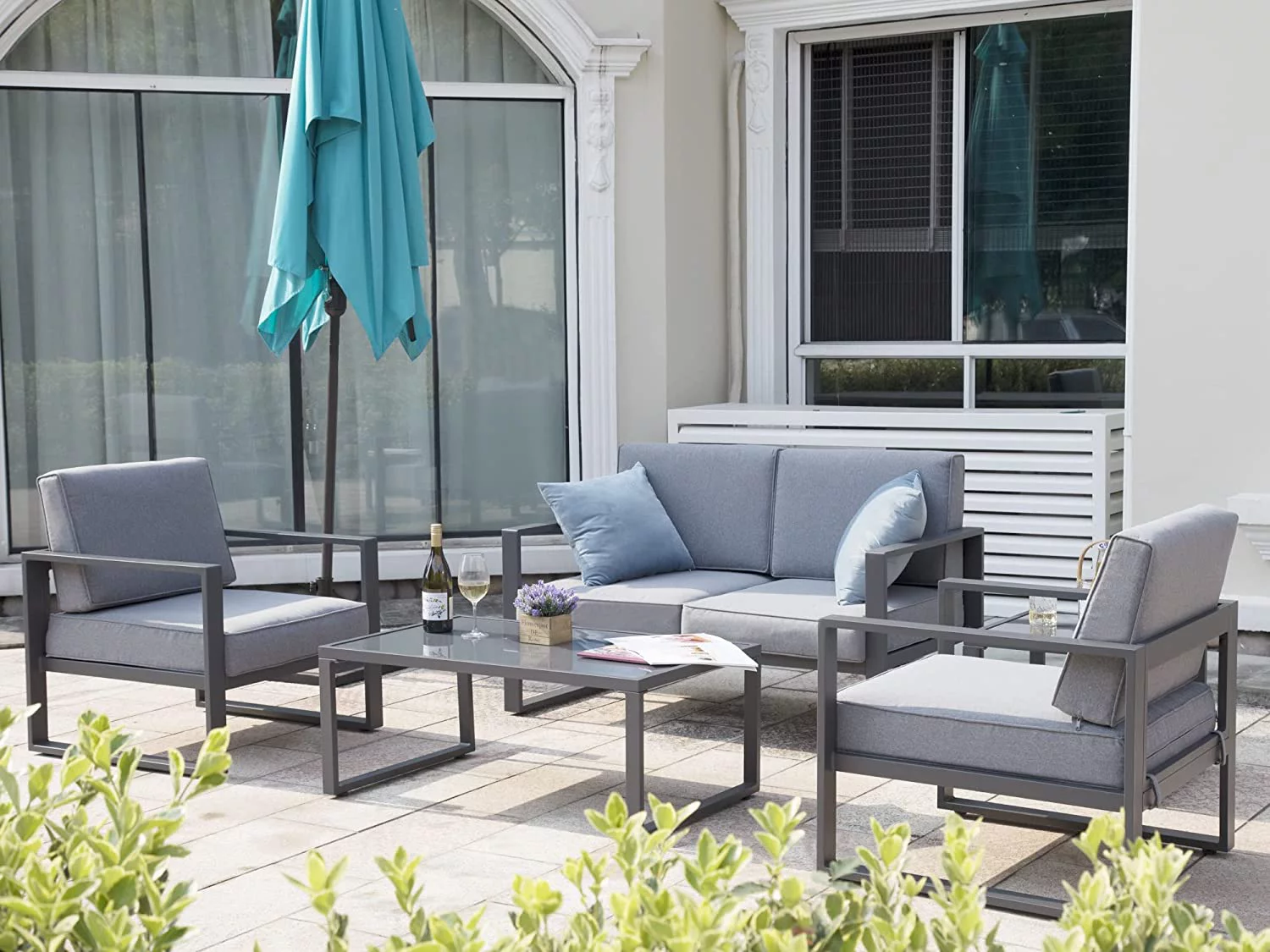 Superjoe 5 Pcs Aluminum Patio Furniture Set All Season Outdoor Couch Conversation Set Modern Metal Sectional Sofa with Ottomans 2 Tables, Gray