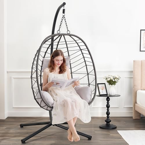 Hanging Egg Chair with Stand, Outdoor Indoor Egg Swing Chair with Cushion Headrest, Wicker Rattan Egg Chair with Dual Chains