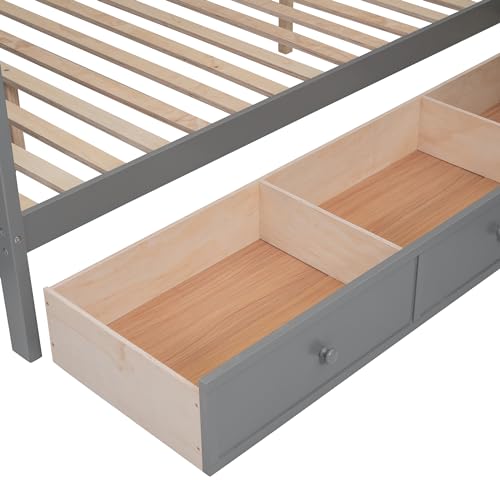 L-Shape Triple Bunk Beds with Stairs and Desk, Wood Twin-Over-Full Bunk Bed with Storage Wardrobe, Shelves and Drawers