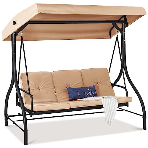 Best Choice Products 3-Seat Outdoor Large Converting Canopy Swing Glider, Patio Hammock Lounge Chair for Porch, Backyard w/Flatbed, Adjustable Shade