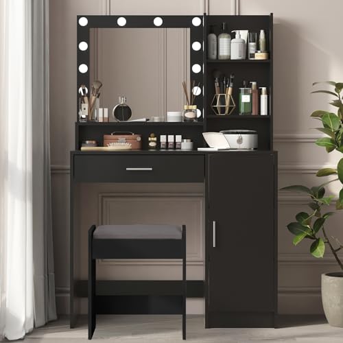 Vanity Desk with Mirror and Light, Large Drawer and Three Level Storage Dresser, 3 Lighting Modes Adjustable Brightness