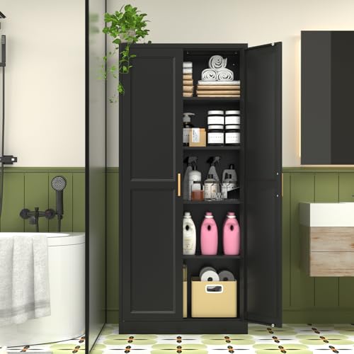 Pantry Cabinet, 71 Inch Tall Kitchen Storage Cabinet, Metal Pantry Cabinet with Doors and Adjustable Shelves, Black Food Cupboard