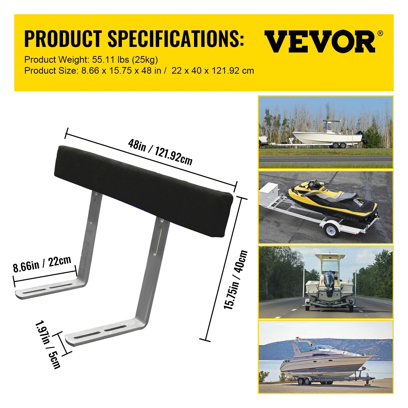 VEVOR 48" Boat Trailer Guide-Ons, 2-Pack - Rustproof Steel with Carpet-Padded Boards & Mounting Parts, Ideal for Ski, Fishing & Sailboat Trailers