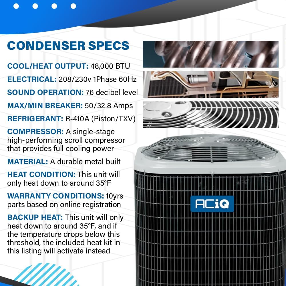 14.3 SEER2 4 Ton 15kW Heat Pump Split System | Downflow Air Electric Handler with Thermostat | Backup Heat Kit, Single Stage Condenser