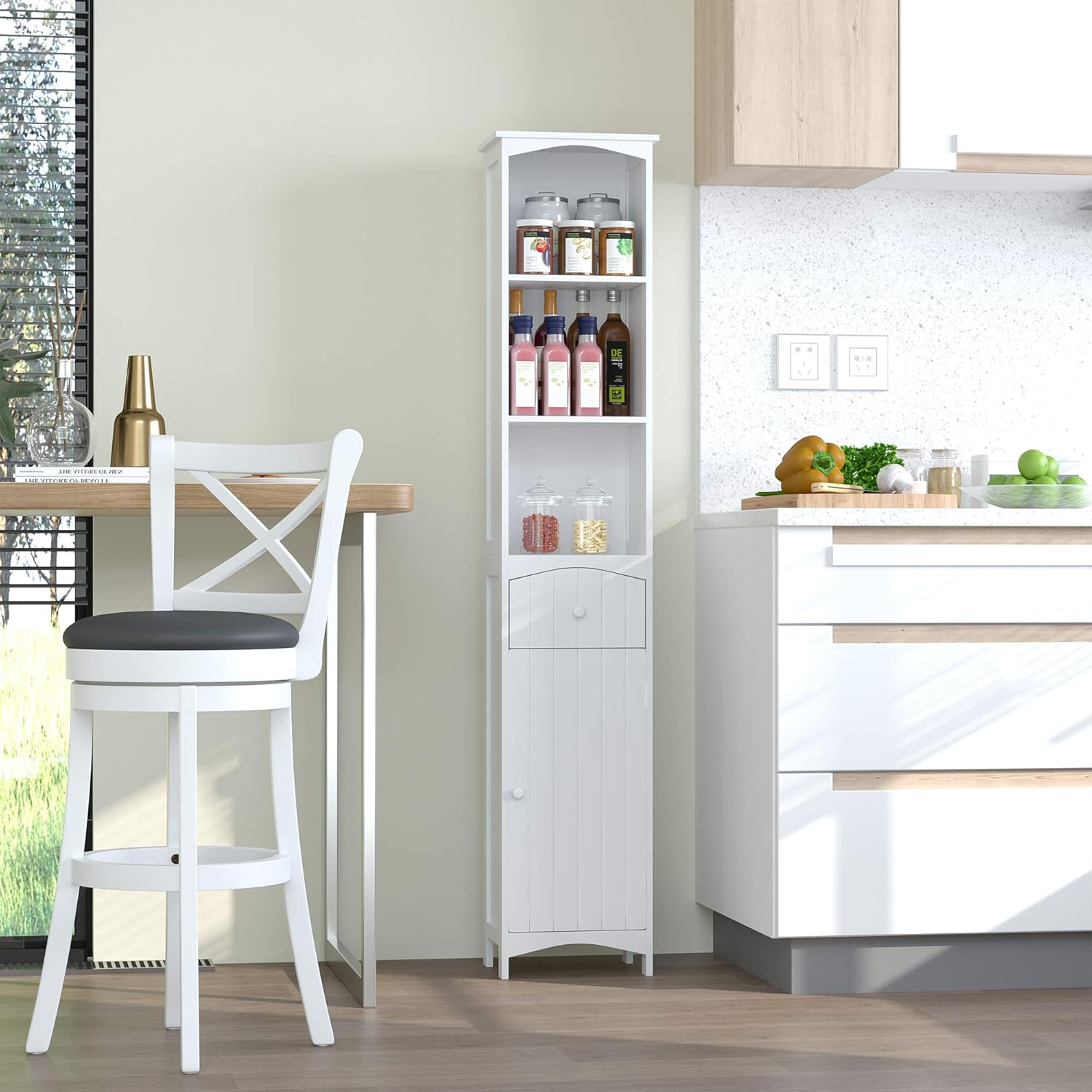 HOMCOM 67 Tall Bathroom Storage Cabinet, Freestanding Linen Tower with 3-Tier Shelf, Drawer and Cupboard, Narrow Side Floor Organizer, White