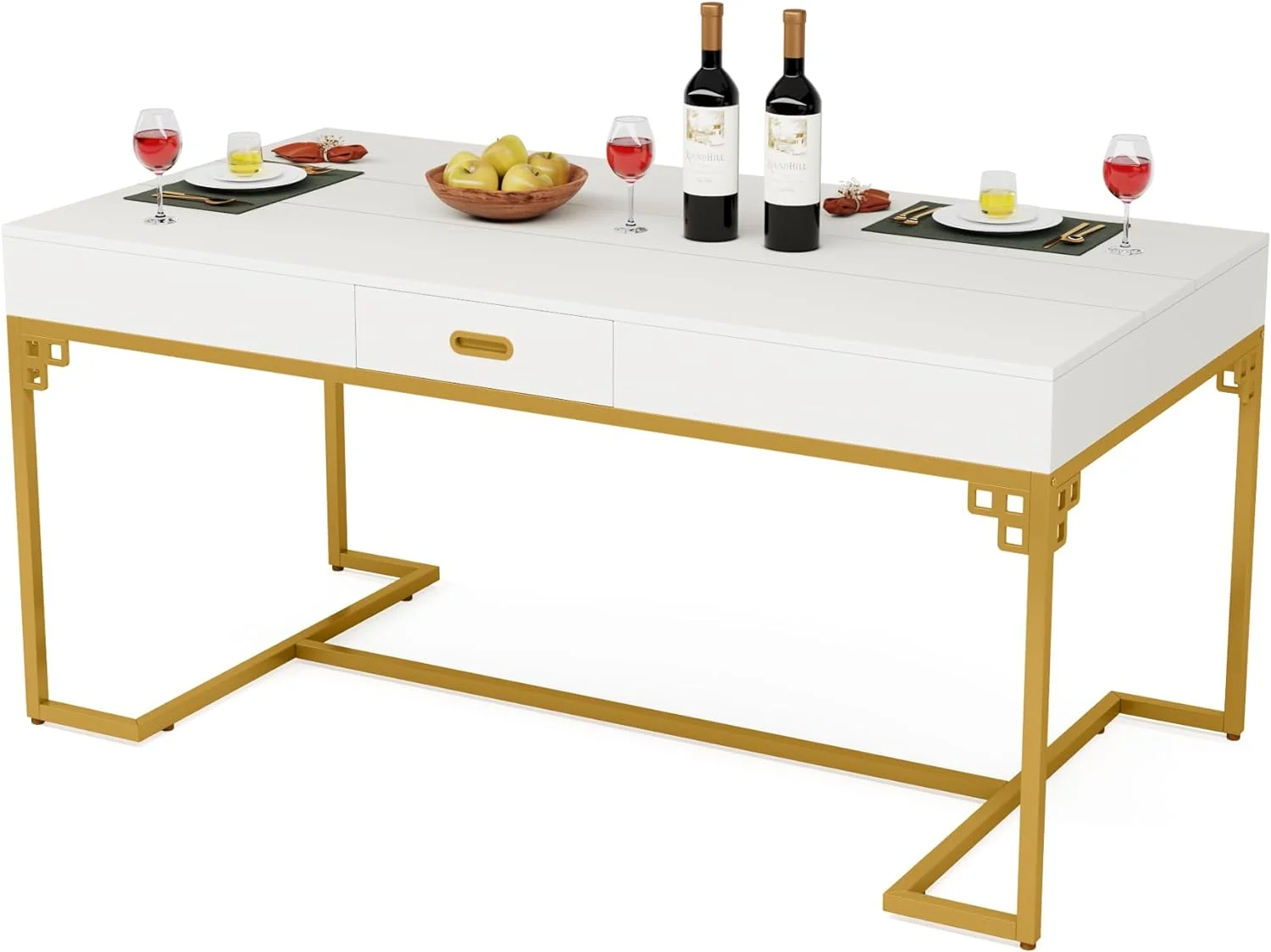RUNFAYBIU 63 Inches Dining Table for 4 to 6  Rectangular Kitchen Table with 2 Drawers  Modern Dinner Table with Gold Metal Frame for Dining Room