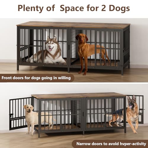 Extra Large 80" Dog Crate Furniture for 2 Dogs, Double Dog Crates for Large Dogs with 2 Dog Bowl, Wooden Pet Cage with Removable Divider