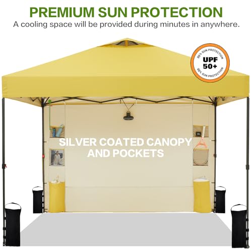 10'x10' Pop Up Canopy Tent with 1 Sidewall and 6 Pockets, One Push Setup, Instant Shade Tent with Vented Roof for Beach Patio Outdoor, Case, 8 Stakes