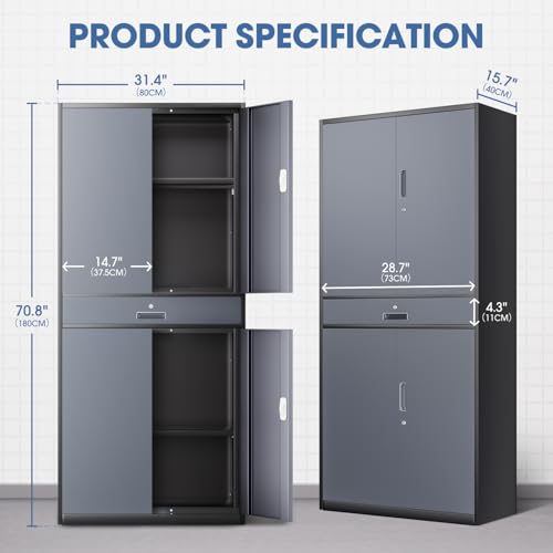 DNA MOTORING 71'' Metal Storage Cabinet, Locking Tool Cabinet with 1 Drawer and Adjustable Shelves, Lockable Heavy Duty Metal Locker for Garage