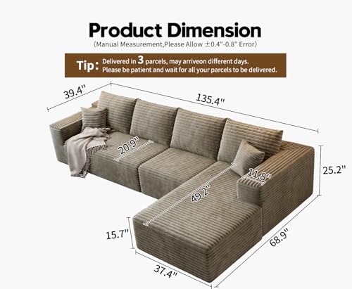 107.5" Cloud Modular Sectional Sofa with 1 Ottoman,Modern Minimalist Upholstered Couches, Comfort U Shaped Sofa for Living Room
